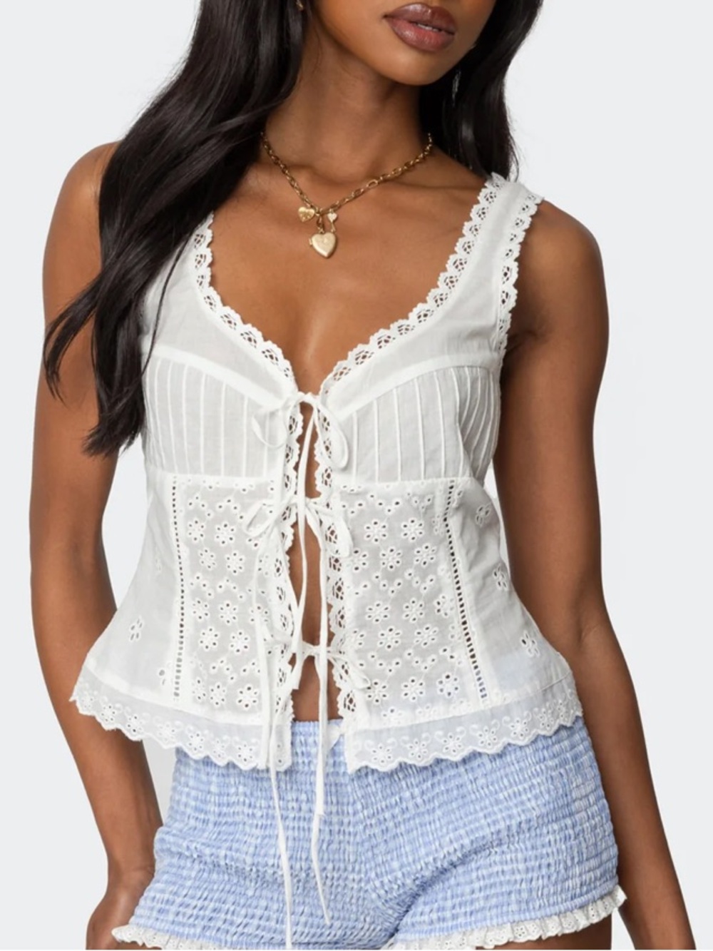 Fiore Eyelet Tie Front Top - White